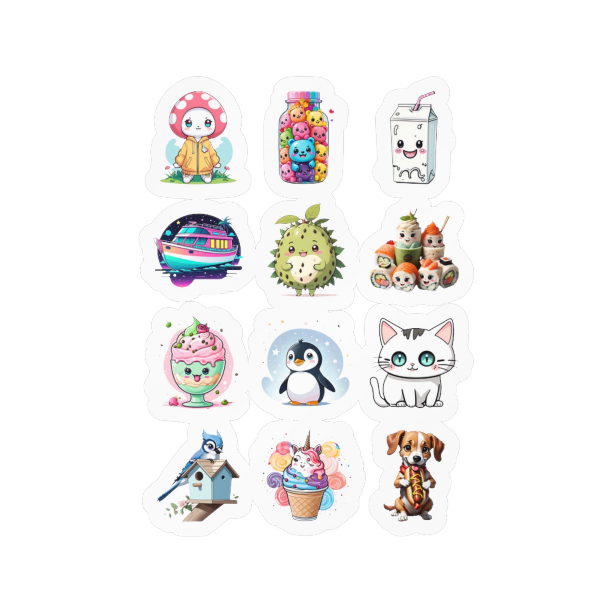 Kawaii Stickers Sheet 126 — 12 Kiss-Cut Vinyl Decals