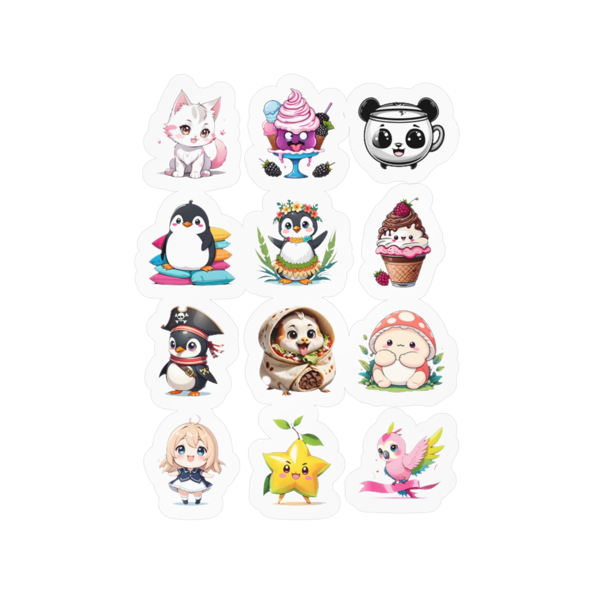 Kawaii Stickers Sheet 16 — 12 Kiss-Cut Vinyl Decals