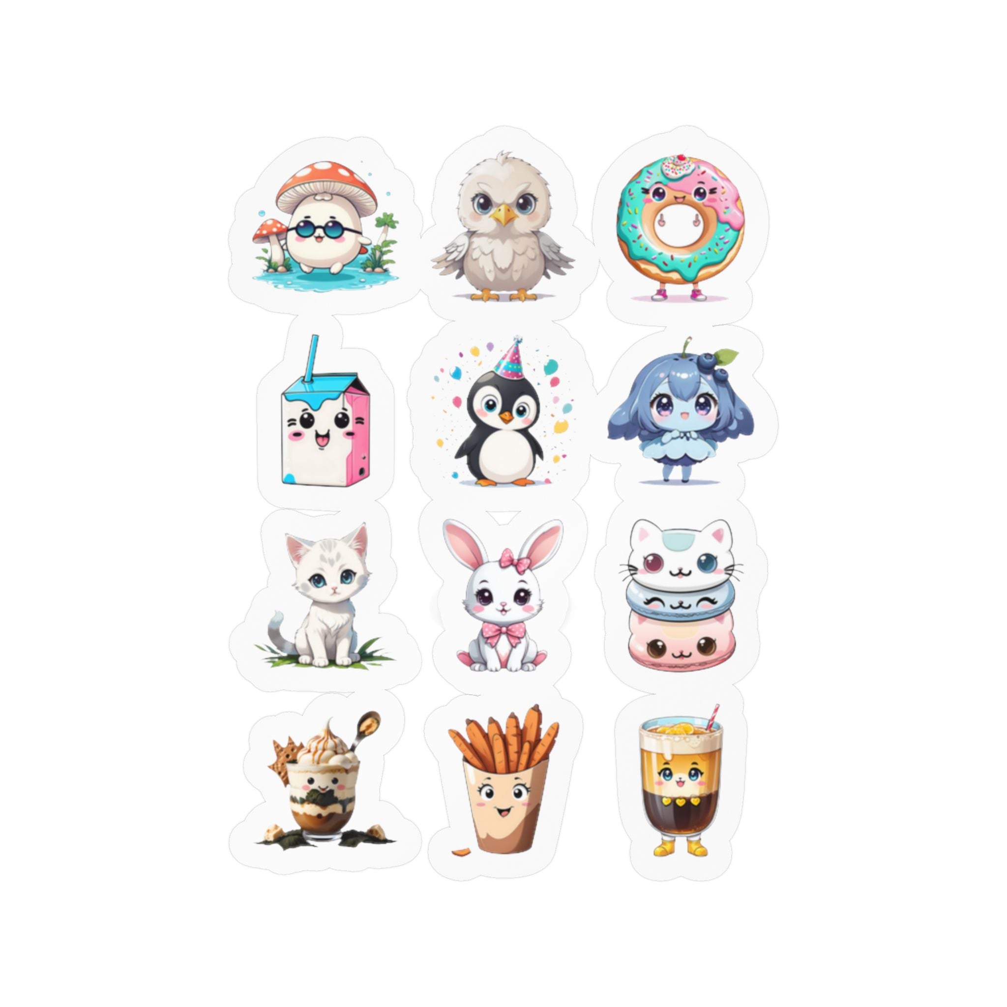 Kawaii Stickers Sheet 64 — 12 Kiss-Cut Vinyl Decals